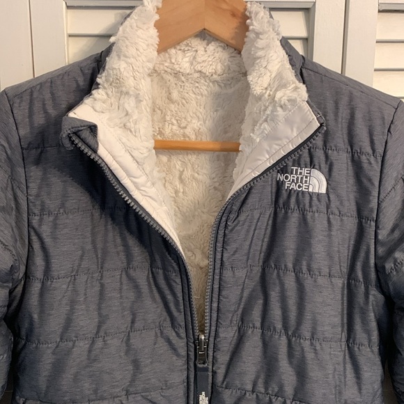The North Face Girls Reversible Mossbud Swirl Jacket M (10/12) Heather Grey Coat - Picture 5 of 16